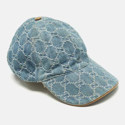 Pre-owned Gucci Blue Gg Denim & Leather Trim Baseball Cap Xs