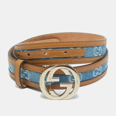 Pre-owned Gucci Blue Gg Denim And Leather Trim Interlocking G Buckle Belt 90cm
