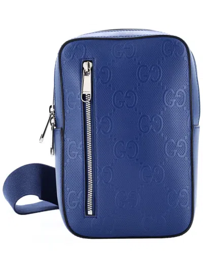 Gucci Blue Gg Embossed Perforated Leather Sling Backpack (authentic Pre-loved)