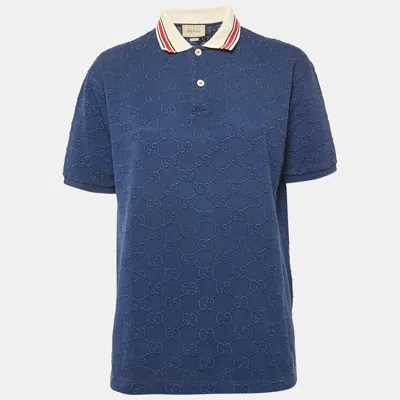 Pre-owned Gucci Blue Gg Embroidered Cotton Pique Polo T-shirt S