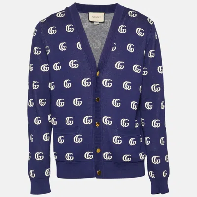 Pre-owned Gucci Blue Gg Intarsia Cotton Knit Cardigan L In Black
