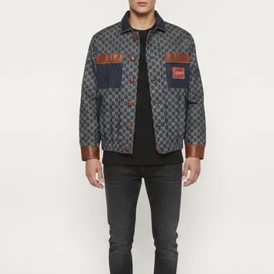 Pre-owned Gucci Blue Gg Jacquard Denim Leather Trim Bomber Jacket M