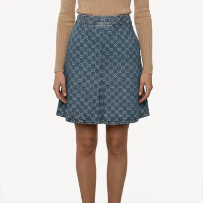 Pre-owned Gucci Blue Gg Jacquard Denim Mini Skirt S/waist 29"