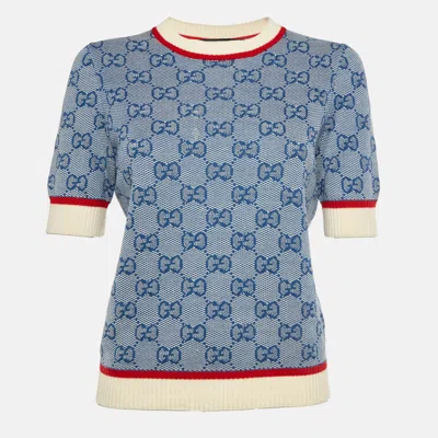 Pre-owned Gucci Blue Gg Jacquard Knit Sweater Top M