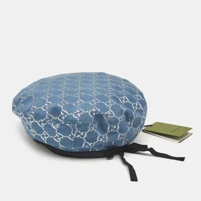 Pre-owned Gucci Blue Gg Lamé Leather Trim Beret Cap M
