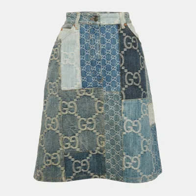 Pre-owned Gucci Blue Gg Patchwork Denim High Waist Skirt M