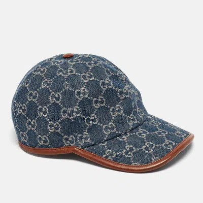 Pre-owned Gucci Blue Gg Supreme Jacquard Denim And Leather Baseball Cap