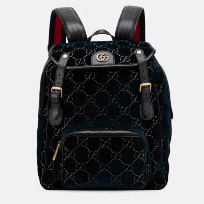 Pre-owned Gucci Blue Gg Velvet Double Buckle Backpack