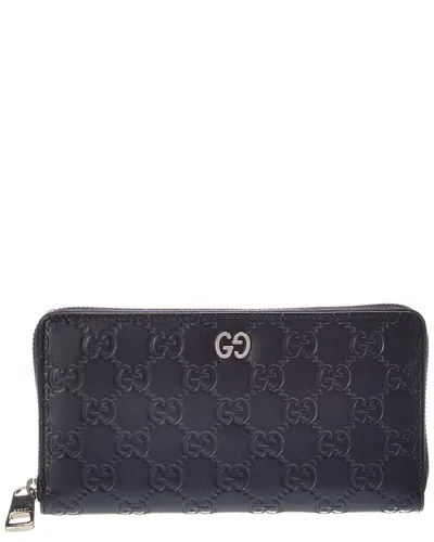 Pre-owned Gucci Blue Ssima Leather Signature Dorian Zip Around Wallet(authentic Pre-loved)