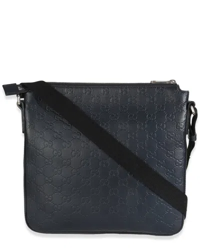 Gucci Blue Ssima Signature Medium Flat Messenger Bag (authentic Pre-  Loved) In Black