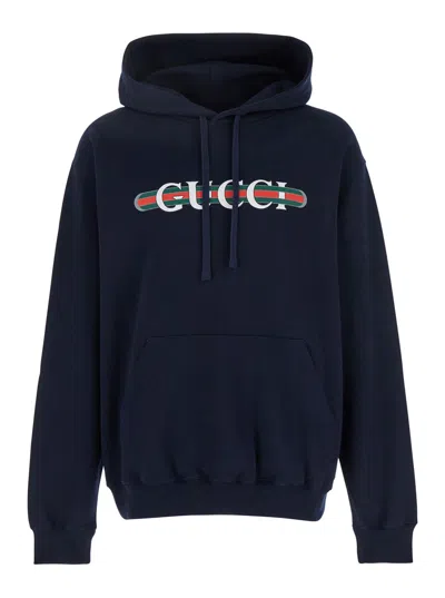 Gucci Blue Hoodie With Drawstring Hood And Logo Print On The Front In Jersey Man In Multicolor