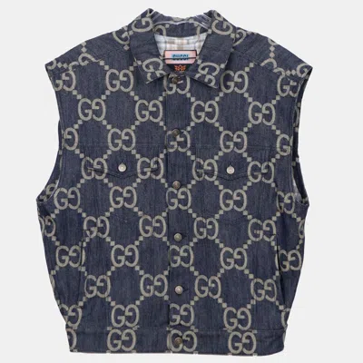 Pre-owned Gucci Blue Ivory Jumbo Gg Jacquard Denim Vest Size 44