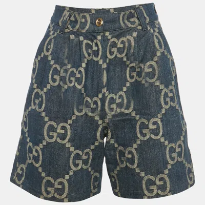 Pre-owned Gucci Blue Jumbo Gg Jacquard Denim Pleated Shorts Xs/waist 24"