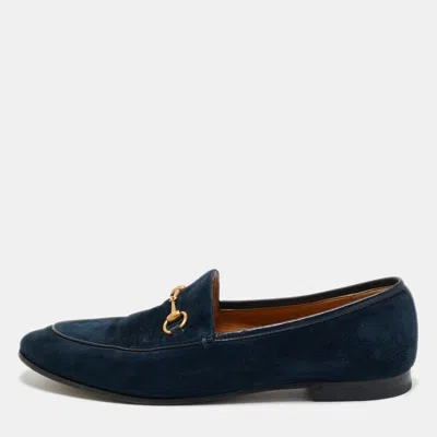 Pre-owned Gucci Blue Leather And Suede Jordaan Horsebit Loafers Size 40