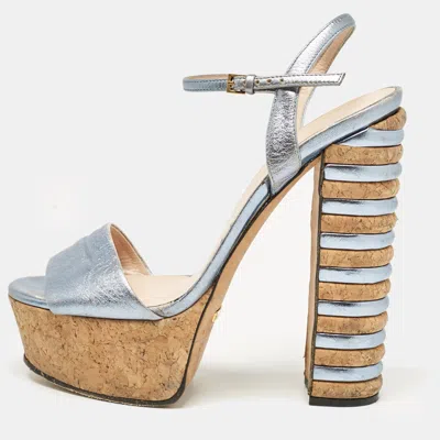 Pre-owned Gucci Blue Leather Claudie Ankle Strap Platform Sandals Size 37