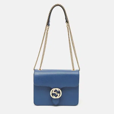 Pre-owned Gucci Blue Leather Dollar Interlocking G Flap Crossbody Bag