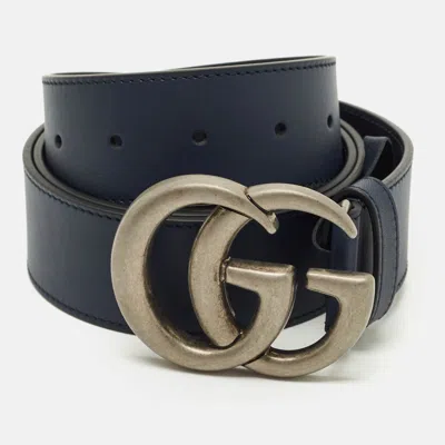 Pre-owned Gucci Blue Leather Gg Marmont Buckle Belt 100 Cm