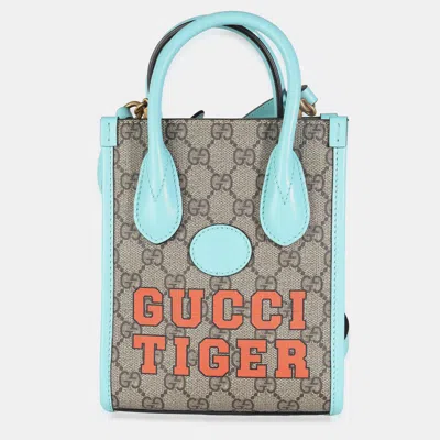 Pre-owned Gucci Blue Leather Gg Supreme Canvas Tiger Mini Tote Bag In Beige