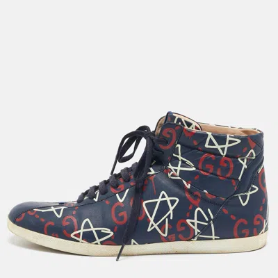 Pre-owned Gucci Blue Leather Ghost Logo High Top Sneakers Size 45