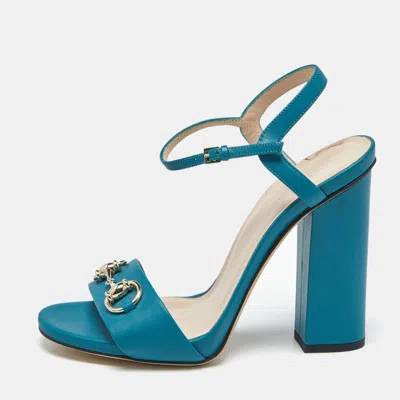 Pre-owned Gucci Blue Leather Horsebit Ankle Strap Sandals Size 37.5