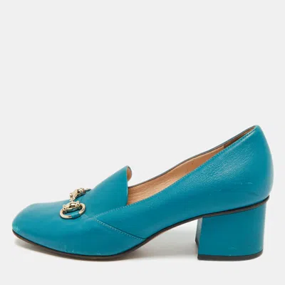 Pre-owned Gucci Blue Leather Horsebit Loafer Pumps Size 36