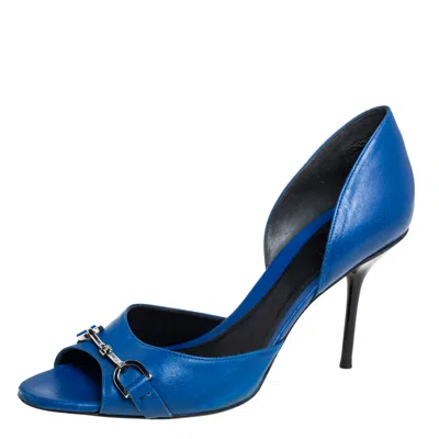 Pre-owned Gucci Blue Leather Horsebit Open Toe Pumps Size 38