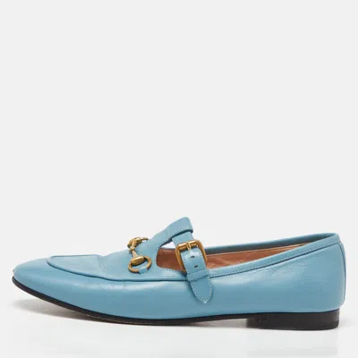 Pre-owned Gucci Blue Leather Horsebit T-bar Loafers Size 39.5