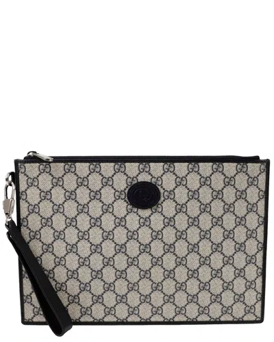 Gucci Blue Leather Interlocking Clutch (authentic Pre-loved) In Gray