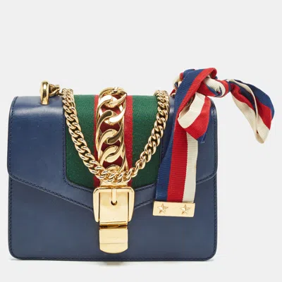 Pre-owned Gucci Blue Leather Mini Web Chain Sylvie Crossbody Bag