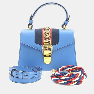 Pre-owned Gucci Blue Leather Sylvie Mini Tote And Crossbody Bag