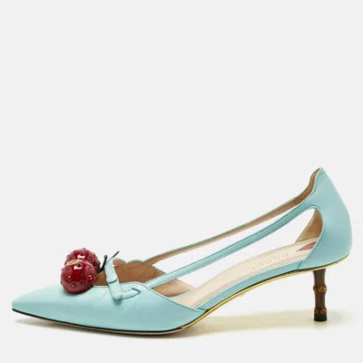 Pre-owned Gucci Blue Leather Unia Cherry Bamboo Pumps Size 40