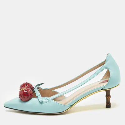 Pre-owned Gucci Blue Leather Unia Cherry Embellished Pointed Toe Pumps Size 35