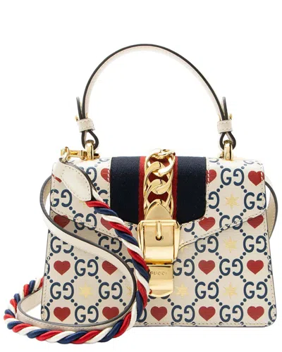 Gucci Blue Leather Valentines Sylvie Mini Top Handle (authentic Pre-loved) In Multi