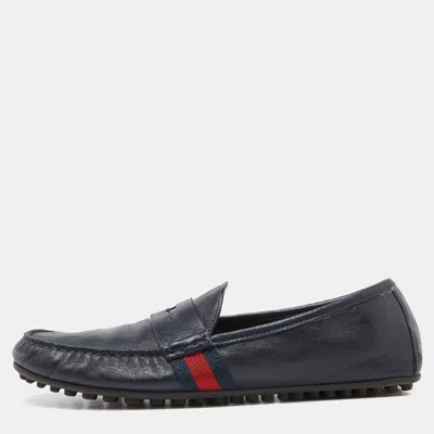 Pre-owned Gucci Blue Leather Web Accent Penny Slip On Loafers Size 41