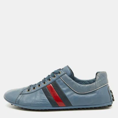 Pre-owned Gucci Blue Leather Web Detail Low Top Sneakers Size 44