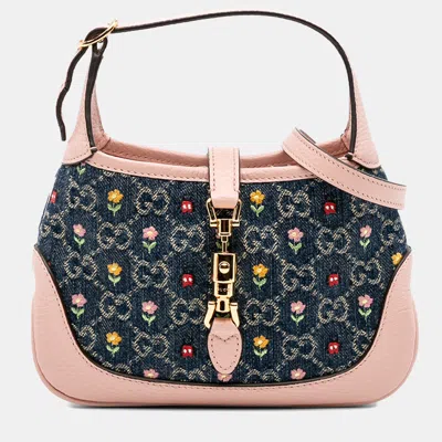 Pre-owned Gucci Blue Limited Edition Mini Gg Denim Embroidered Floral Jackie 1961 Crossbody