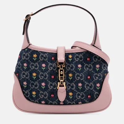 Pre-owned Gucci Blue Limited Edition Mini Gg Embroidered Denim Floral Jackie 1961 Crossbody
