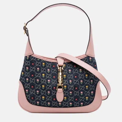 Pre-owned Gucci Blue Limited Edition Small Gg Embroidered Denim Floral Jackie 1961 Crossbody