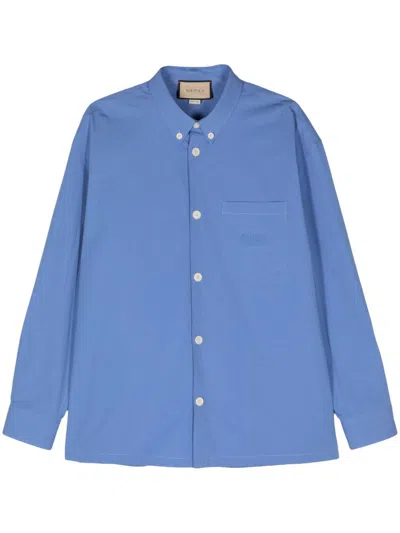 Gucci Blue Logo-embroidered Cotton Shirt