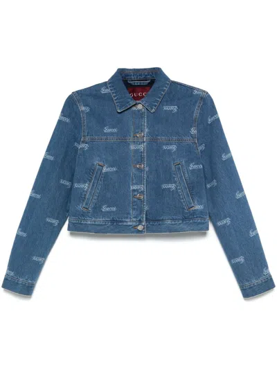 Gucci Womens Blue Mix Boxy-fit Branded Denim Jacket