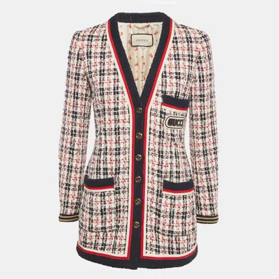 Pre-owned Gucci Blue Logo Patch Tweed Long Jacket S