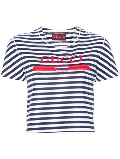 GUCCI BLUE LOGO-PRINT STRIPED COTTON T-SHIRT