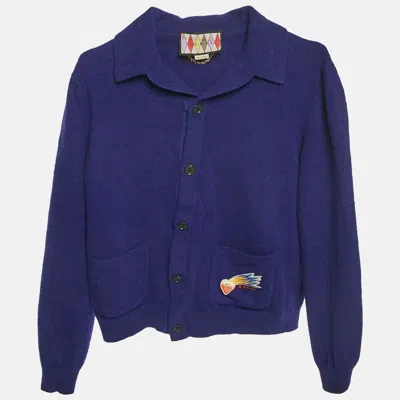 Pre-owned Gucci Blue Lovelight Applique Wool Cardigan M