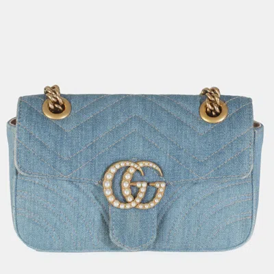 Pre-owned Gucci Blue Matelasse Denim Gg Marmont Pearly Shoulder Bag