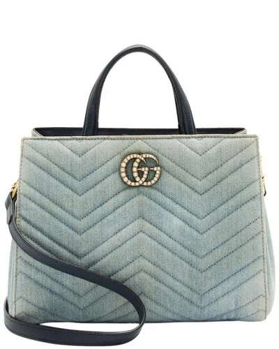 Pre-owned Gucci Blue Matelasse Denim Pearl Gg Marmont Small Tote (authentic Pre-loved)