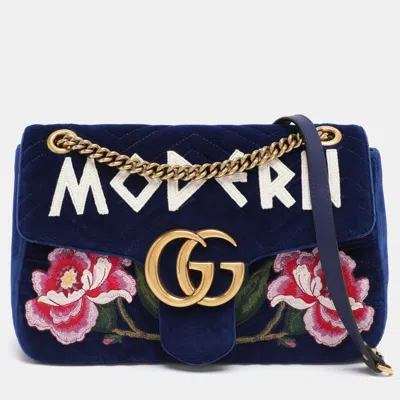 Pre-owned Gucci Blue Matelassé Velvet Floral Modern Embroidered Gg Marmont Shoulder Bag