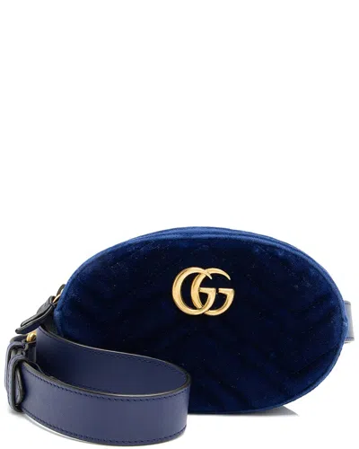 Gucci Blue Matelasse Velvet Gg Marmont Belt Bag - Size 34 / 85 (authentic Pre-loved)