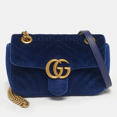 Pre-owned Gucci Blue Matelassé Velvet Mini Gg Marmont Shoulder Bag