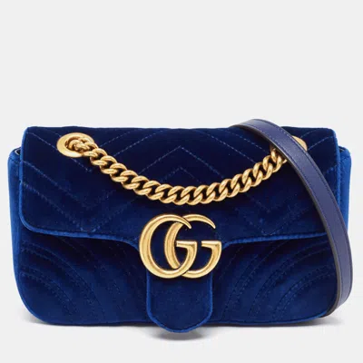 Pre-owned Gucci Blue Matelasse Velvet Mini Gg Marmont Shoulder Bag