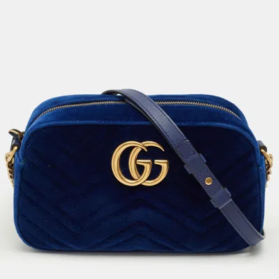 Pre-owned Gucci Blue Matelassé Velvet Small Gg Marmont Camera Bag